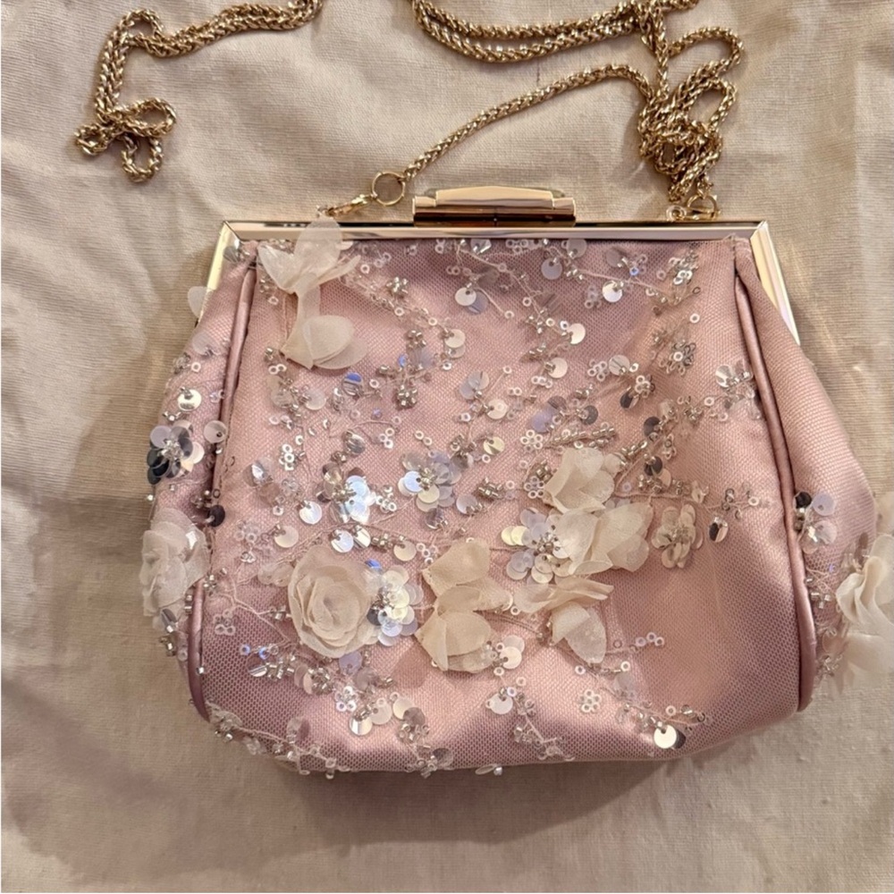 Badgley Mischka Bea Pink Evening Clutch with Gold Chain